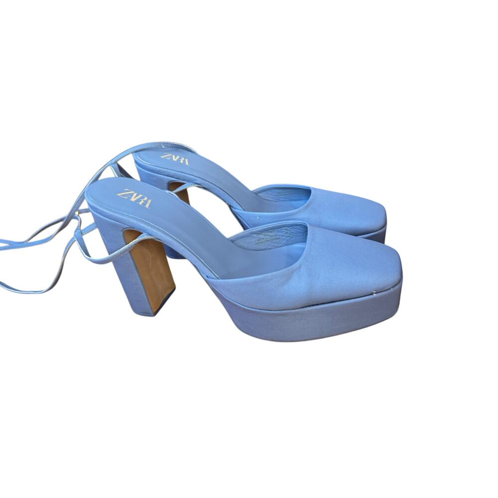 ZARA Chunky Heeled Platform Shoes Size 40 Blue Satin EUC $129 MSRP Square Toe - Picture 2 of 13